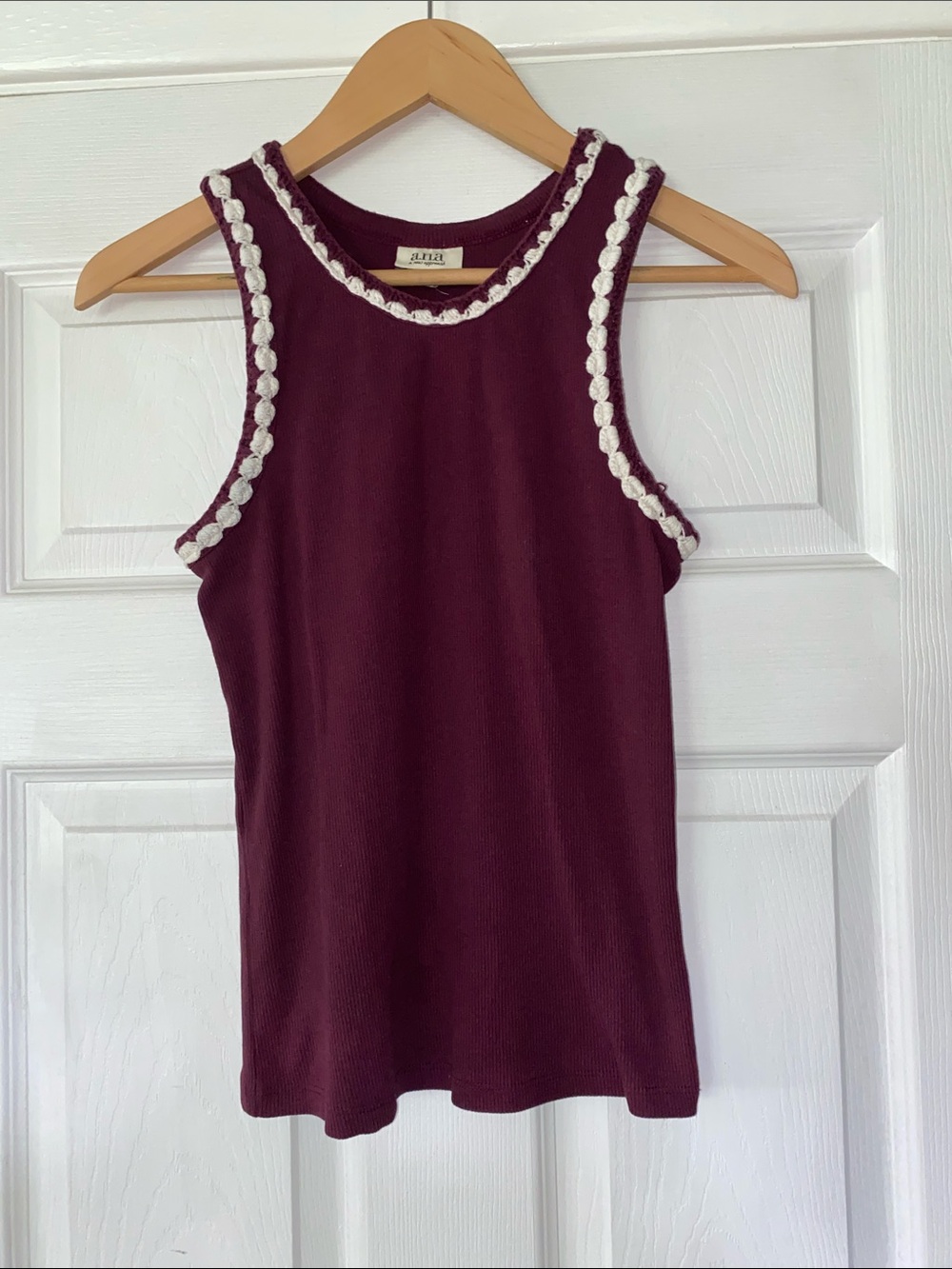 a.n.a Burgundy Knit Tank with Cream Crochet Trim